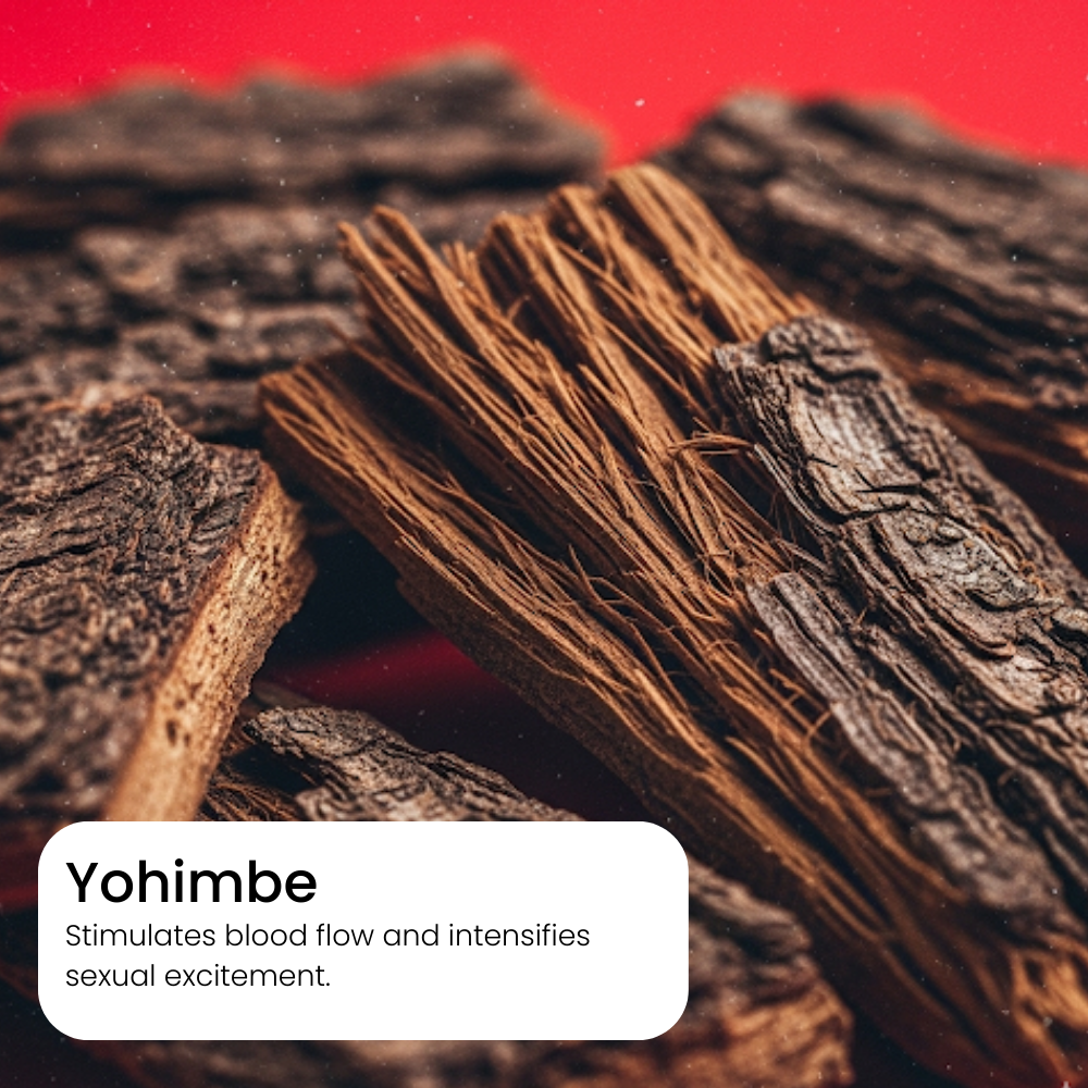Yohimbe bark with a red background and text about its effects.